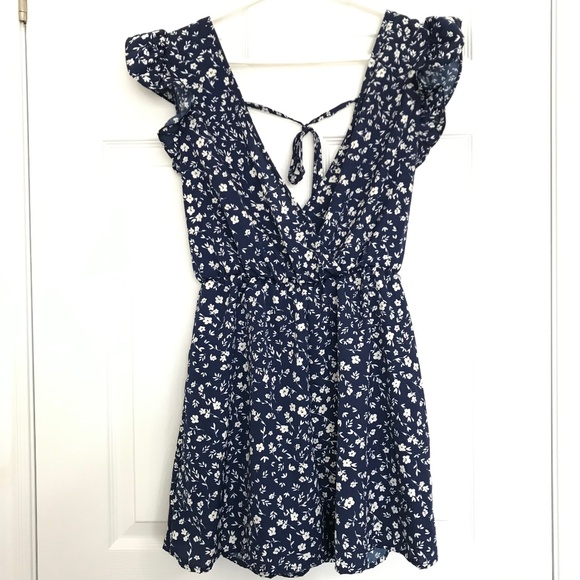 SHEIN Deep V-Neck Frill Tie Accent Floral Romper XS Dark Navy Blue White - Picture 1 of 16